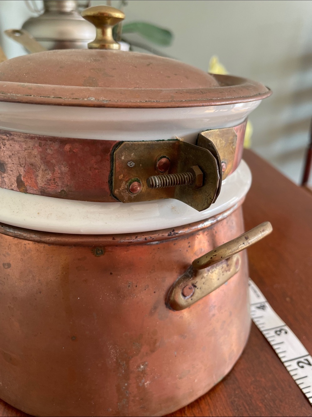 Vintage Hall 1084 Ceramic and Copper Double Boiler Brass Handles 3 Piece Set - Picture 13 of 14